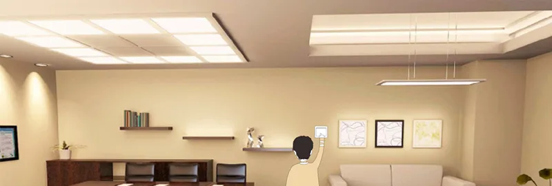 Cena ilustrativa de escritório iluminado em branco quente por uma fita de LED de branco dinâmico controlada por interruptor