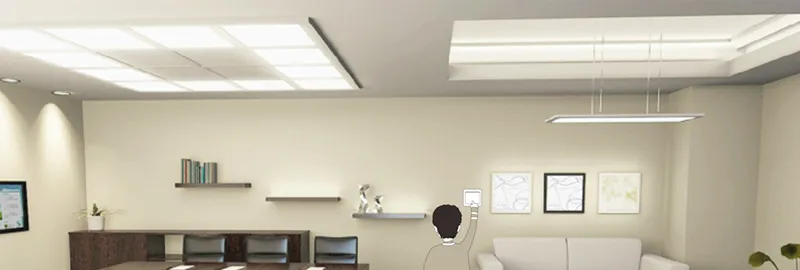 Cena ilustrativa de escritório iluminado em branco neutro por uma fita de LED de branco dinâmico controlada por interruptor