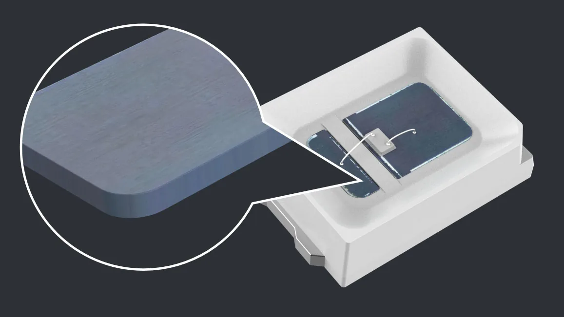 Detalhe de um encapsulamento de LED padrão com uma base de liga metálica comum