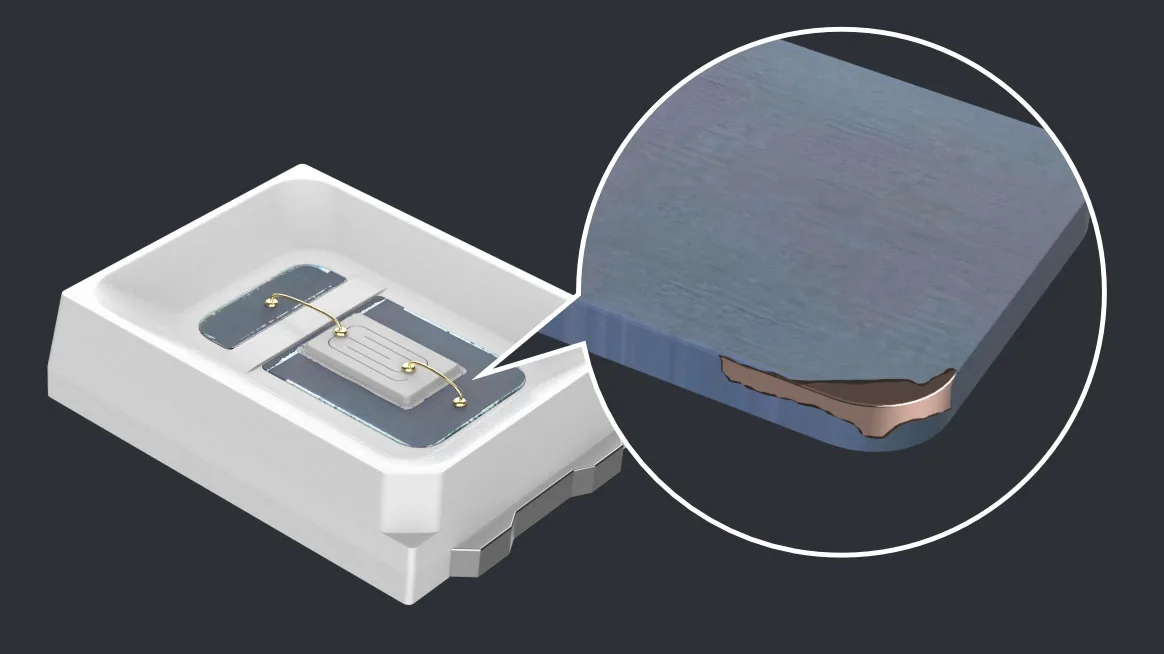 Detalhe de um encapsulamento de LED DENO com uma base de cobre puro banhada a prata